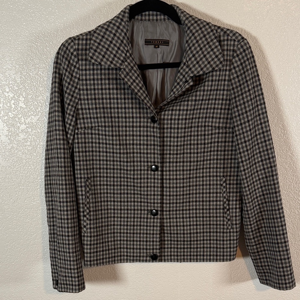 Tomboy Gray Gingham Plaid Wool Blazer Androgynous Size 85 (small?)